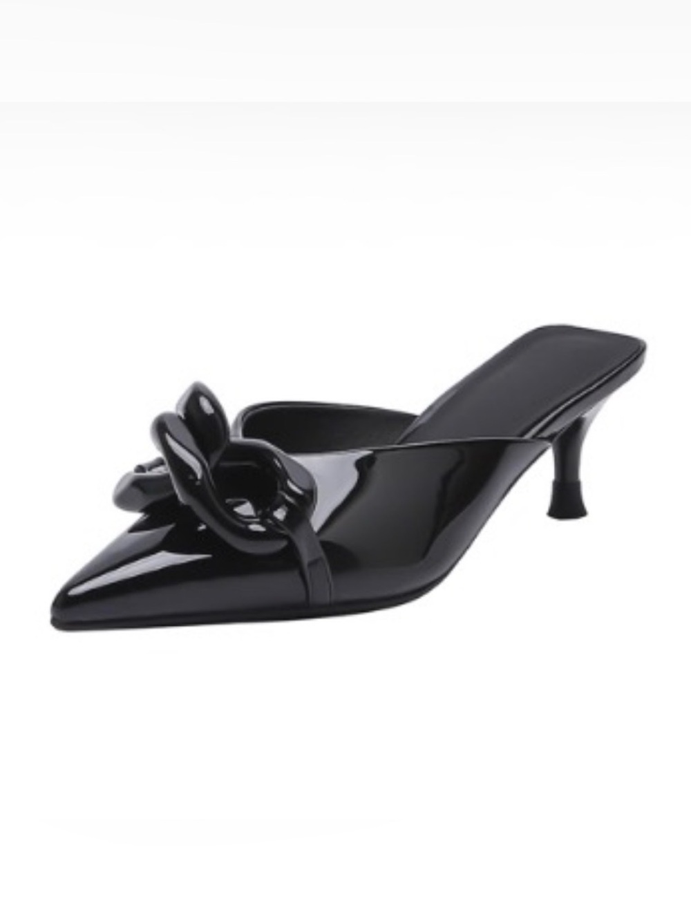 Black Patent Pointed-Toe Kitten Heel Mule with Knot Accent